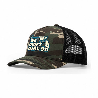 Continuous Line Mark We Don't Dial 911 Trucker Hat – Woodland Camo Black