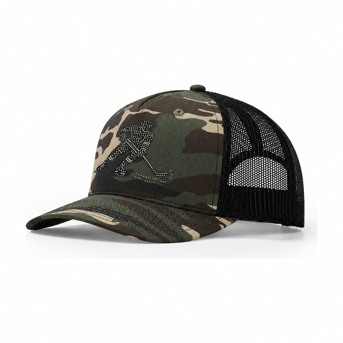 Hockey Stick Sweep Trucker Hat – Woodland Camo Black