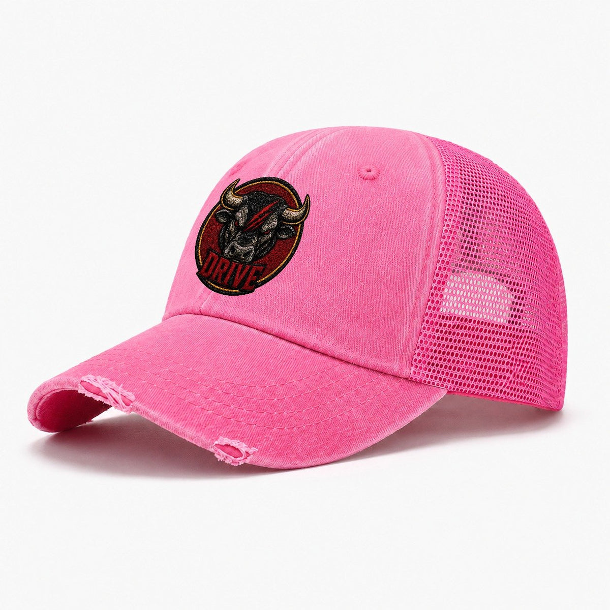 Bull Drive Badge Washed Trucker Hat – Rose