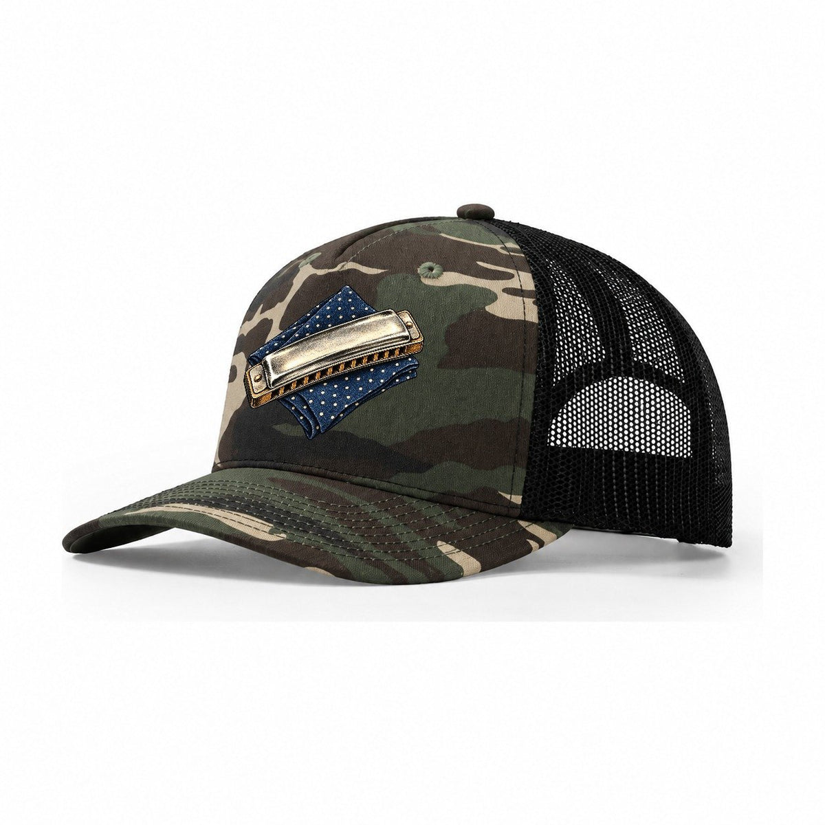 Harmonica Indigo Fold Pastimes Companions Trucker Hat – Woodland Camo Black