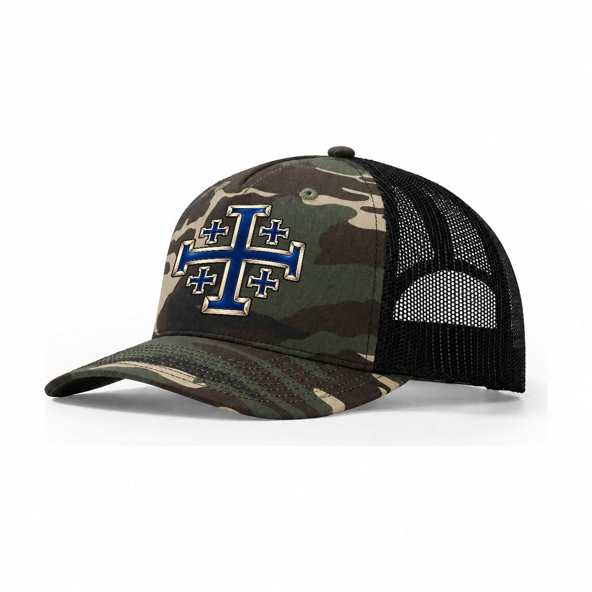 Jerusalem Cross Blue Enamel Character Club Trucker Hat – Woodland Camo Black