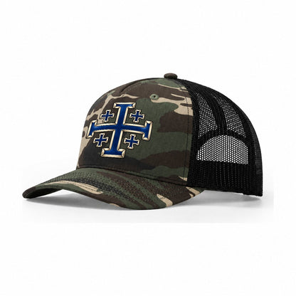 Jerusalem Cross Blue Enamel Character Club Trucker Hat – Woodland Camo Black