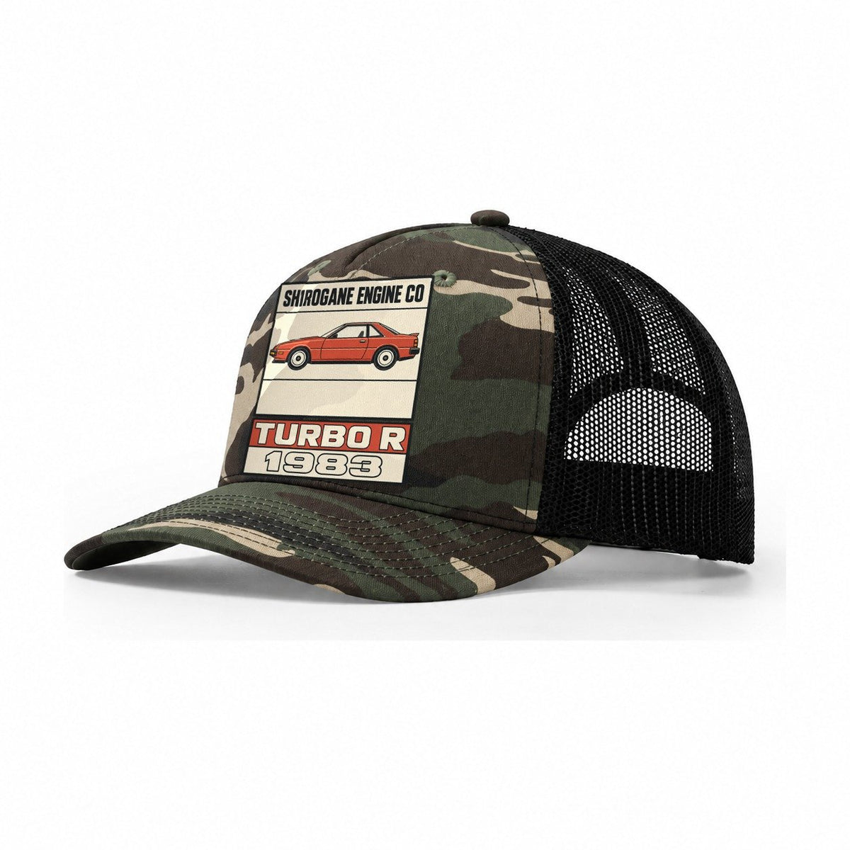 Shirogane Turbo R Showa Speed Plates Trucker Hat – Woodland Camo Black
