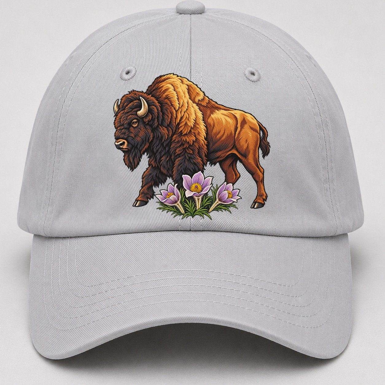 Wood Bison And Prairie Crocus Canada Cultural Icons Baseball Cap – Light Gray
