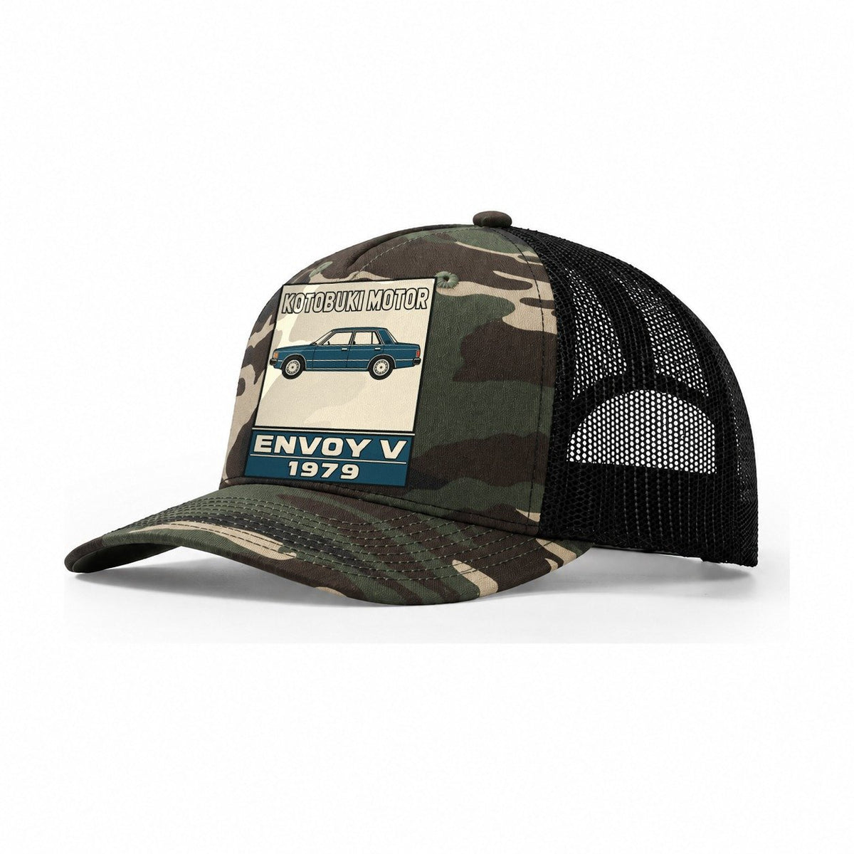 Kotobuki Envoy Showa Speed Plates Trucker Hat – Woodland Camo Black