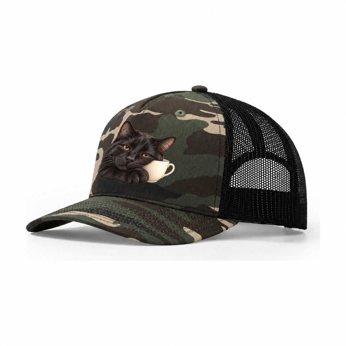 Black Cat Teacup Companion Pastimes Companions Trucker Hat – Woodland Camo Black