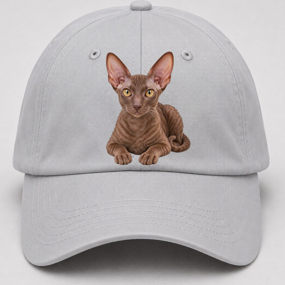 Cornish Rex Reclining Paws Forward Realistic Cat Portrait Baseball Cap – Light Gray