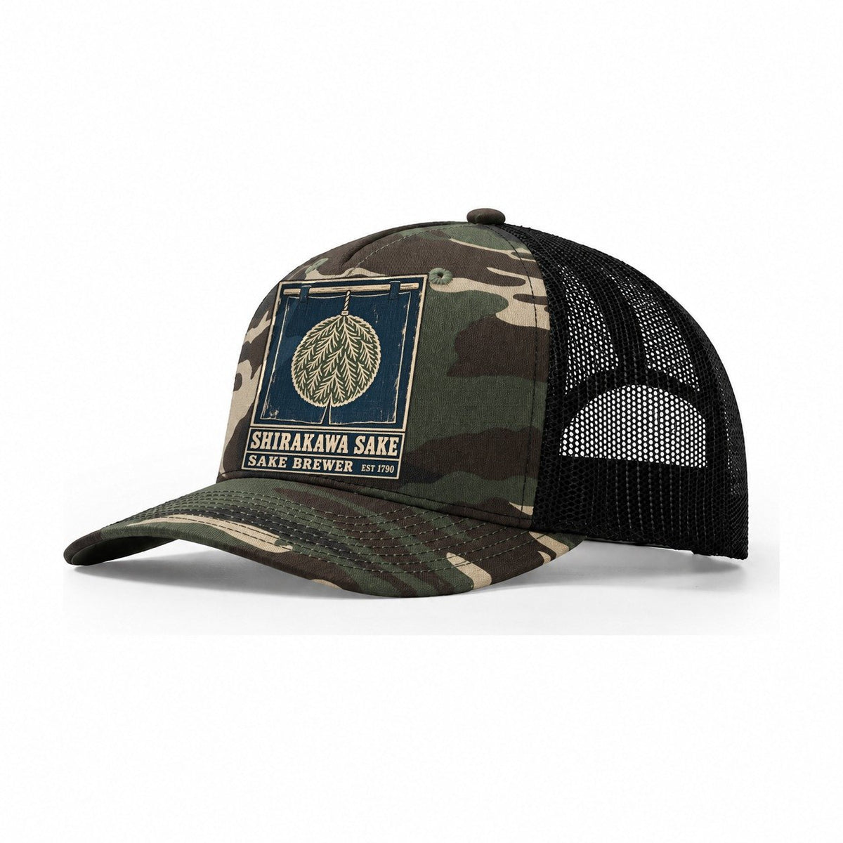 Shirakawa Sake Brewery Noren Trade Co Trucker Hat – Woodland Camo Black