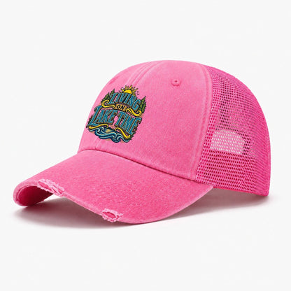 Living On Lake Time Retired Living Washed Trucker Hat – Rose