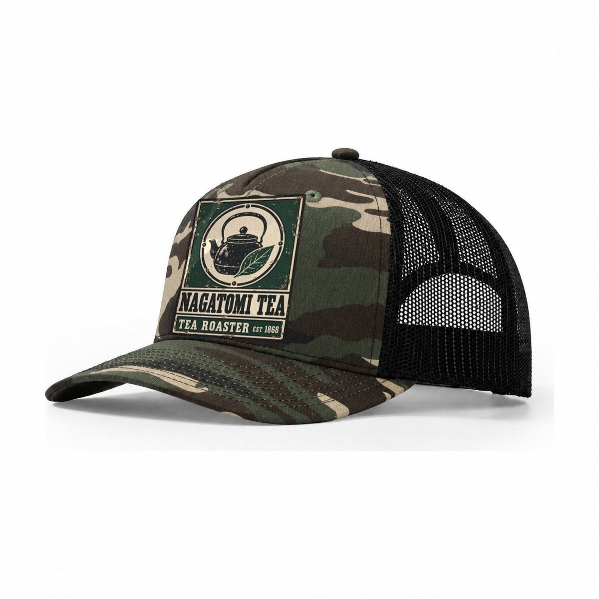 Nagatomi Tea Roasters Noren Trade Co Trucker Hat – Woodland Camo Black