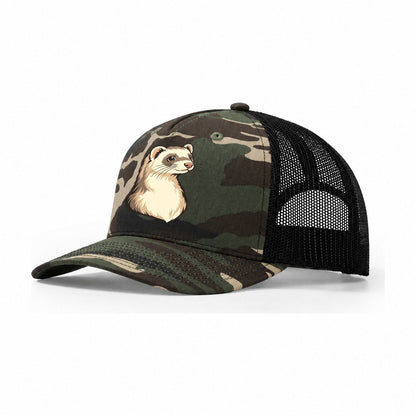 Ferret Cream Portrait Small Pet Logos Trucker Hat – Woodland Camo Black