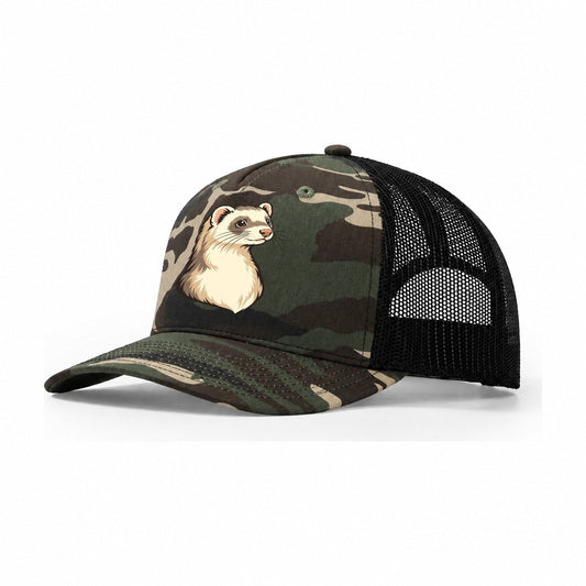 Ferret Cream Portrait Small Pet Logos Trucker Hat – Woodland Camo Black