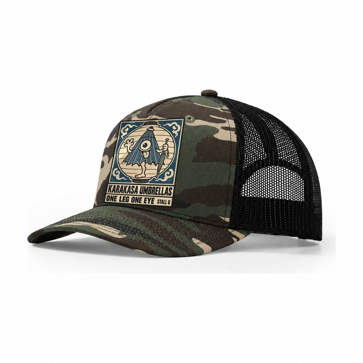 Karakasa Umbrellas Yokai Night Market Trucker Hat – Woodland Camo Black