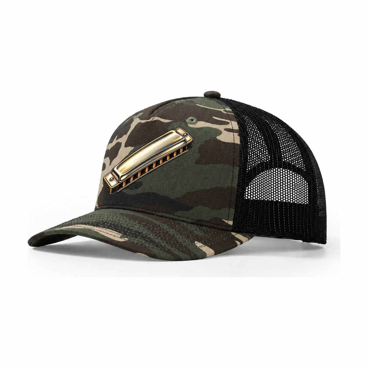 Chrome Harmonica Upright Angle Pastimes Companions Trucker Hat – Woodland Camo Black