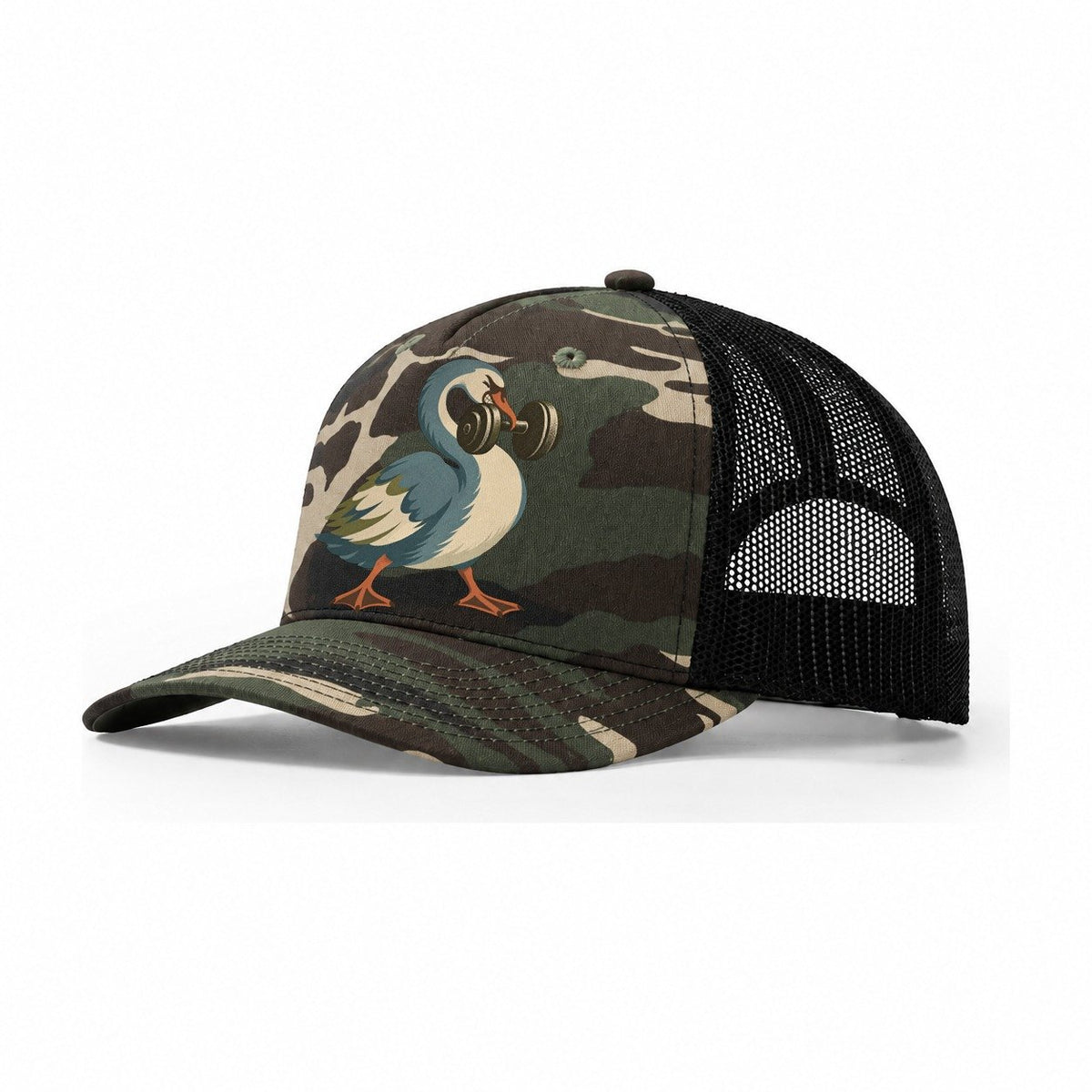 Swan Neck Curl Animal Lifters Trucker Hat – Woodland Camo Black