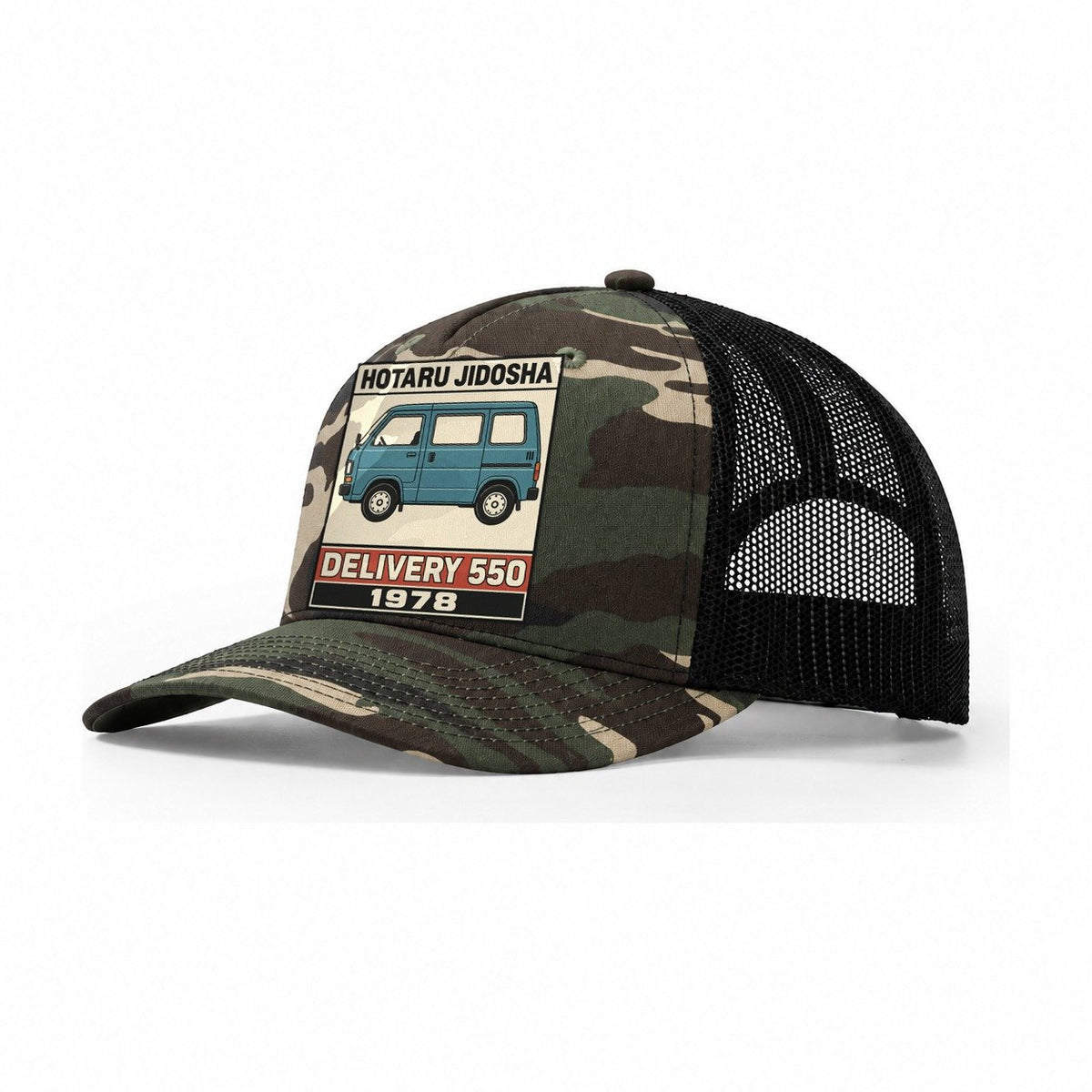 Hotaru Delivery Showa Speed Plates Trucker Hat – Woodland Camo Black