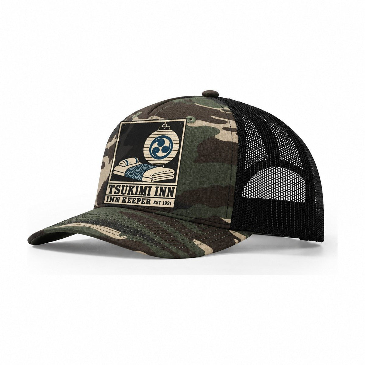 Tsukimi Inn Noren Trade Co Trucker Hat – Woodland Camo Black