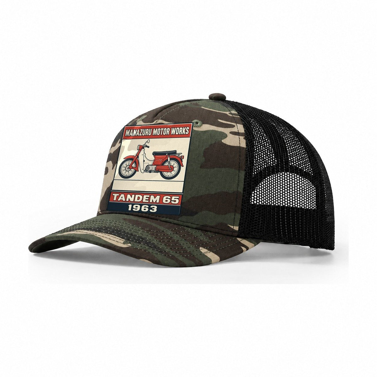 Manazuru Tandem 65 Showa Speed Plates Trucker Hat – Woodland Camo Black
