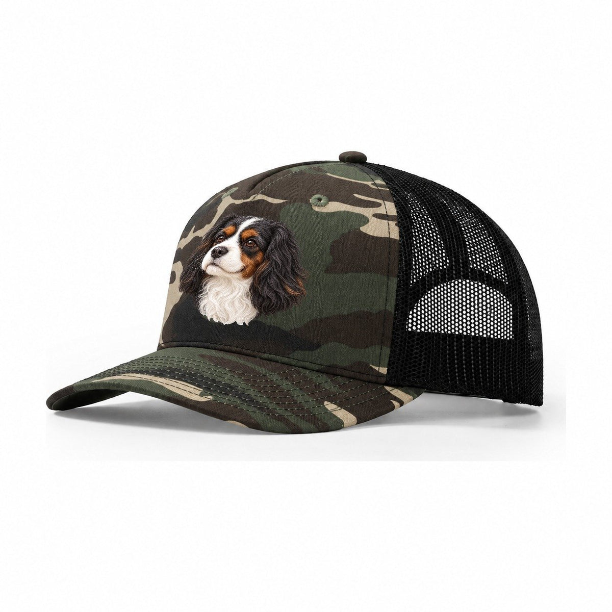 Cavalier Tricolour Smile Pastimes Companions Trucker Hat – Woodland Camo Black