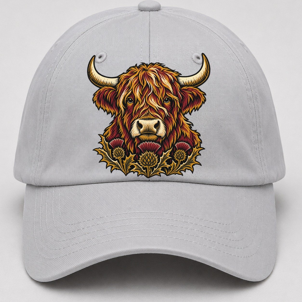Highland Cow With Thistle Meadow Uk Culture Heritage Baseball Cap – Light Gray