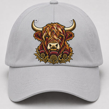Highland Cow With Thistle Meadow Uk Culture Heritage Baseball Cap – Light Gray