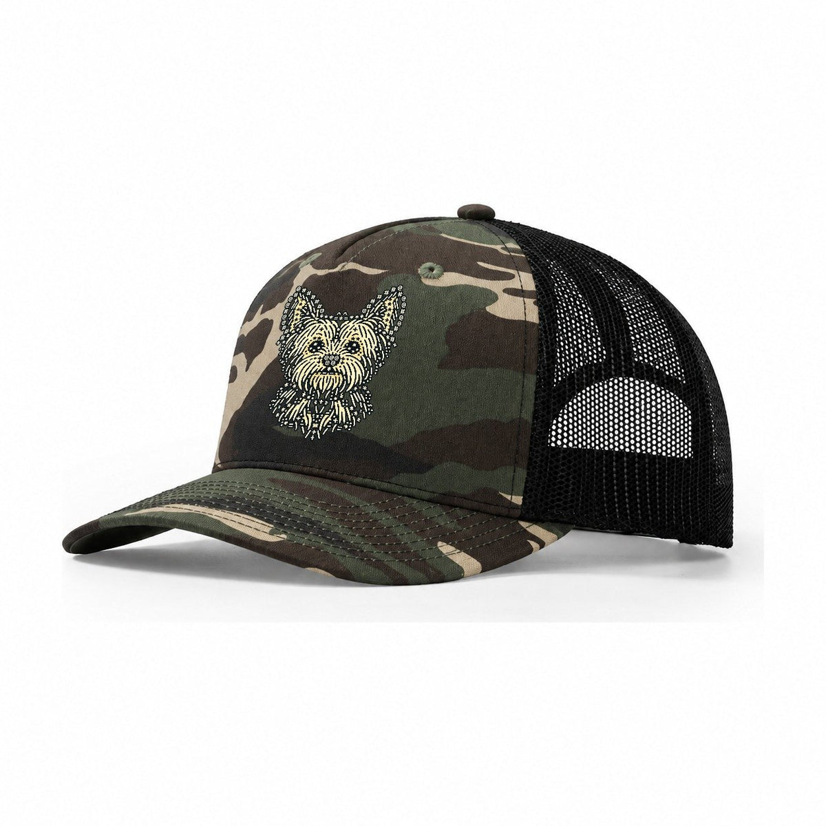 Yorkie Fringe Face Trucker Hat – Woodland Camo Black