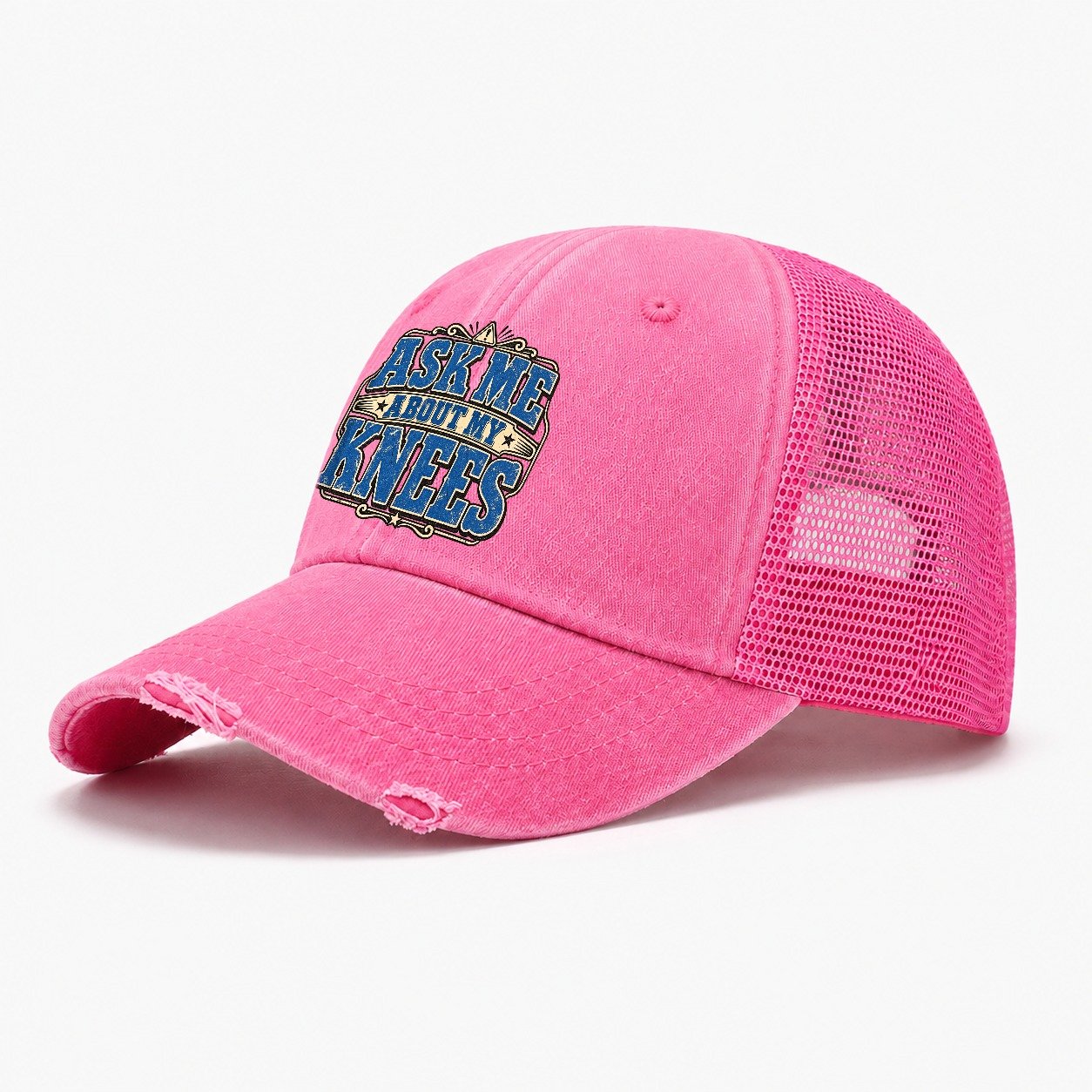 Ask Me About My Knees American Wit Washed Trucker Hat – Rose