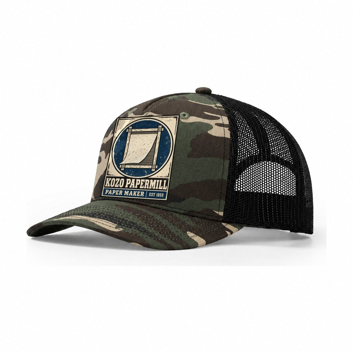 Kozo Paper Mill Noren Trade Co Trucker Hat – Woodland Camo Black