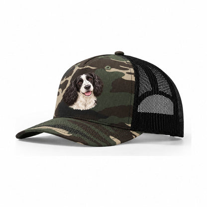 Springer Black And White Tilt Pastimes Companions Trucker Hat – Woodland Camo Black