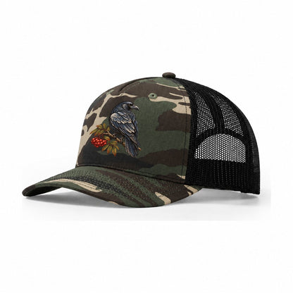 Raven Winter Rowan Character Club Trucker Hat – Woodland Camo Black