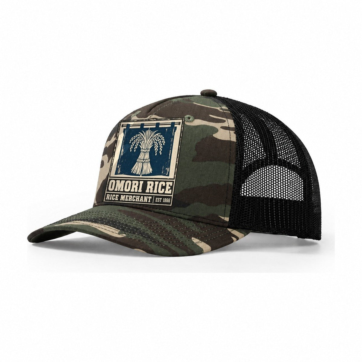 Omori Rice Merchants Noren Trade Co Trucker Hat – Woodland Camo Black