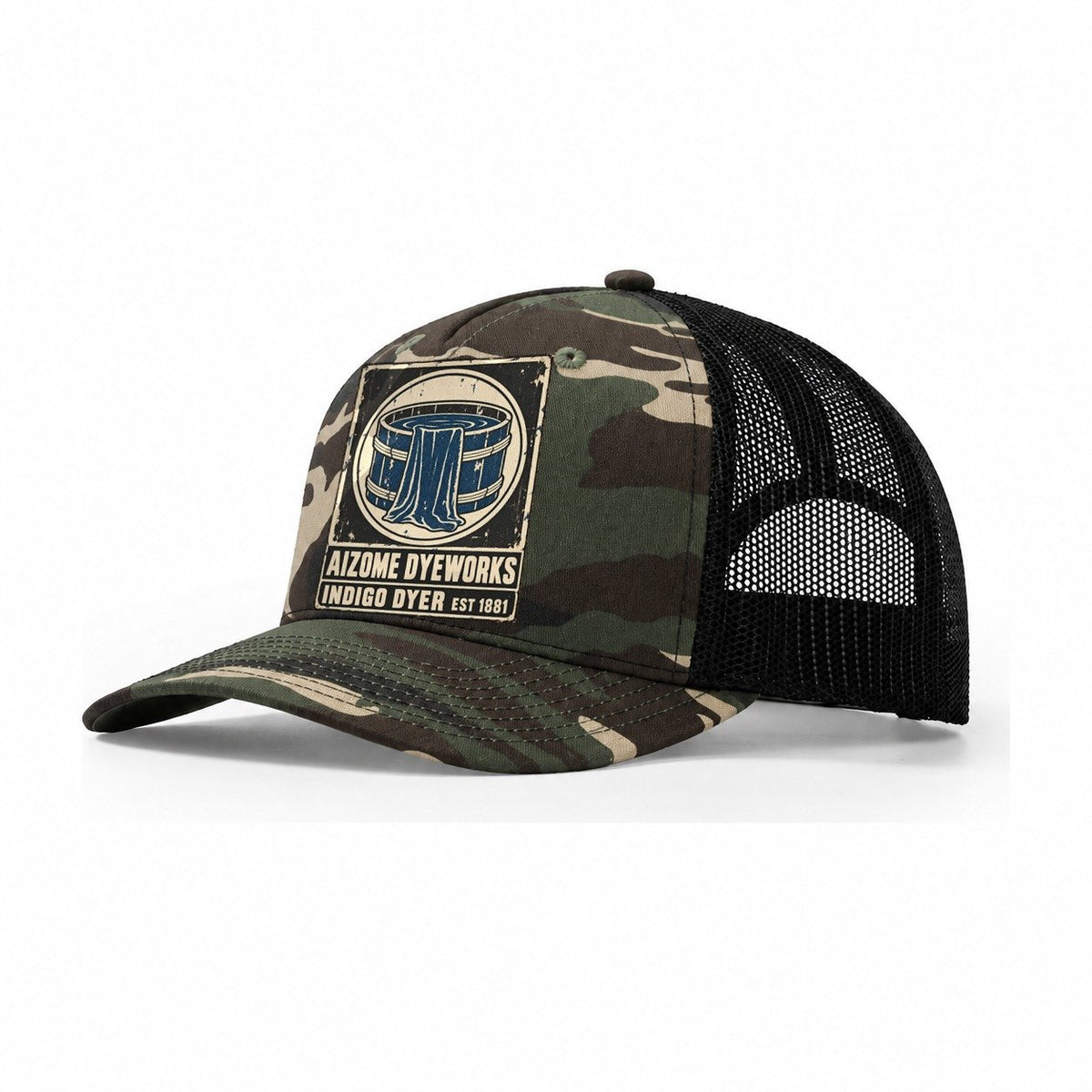 Aizome Dye House Noren Trade Co Trucker Hat – Woodland Camo Black