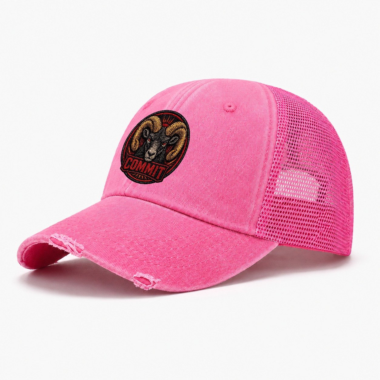 Ram Commit Badge Washed Trucker Hat – Rose
