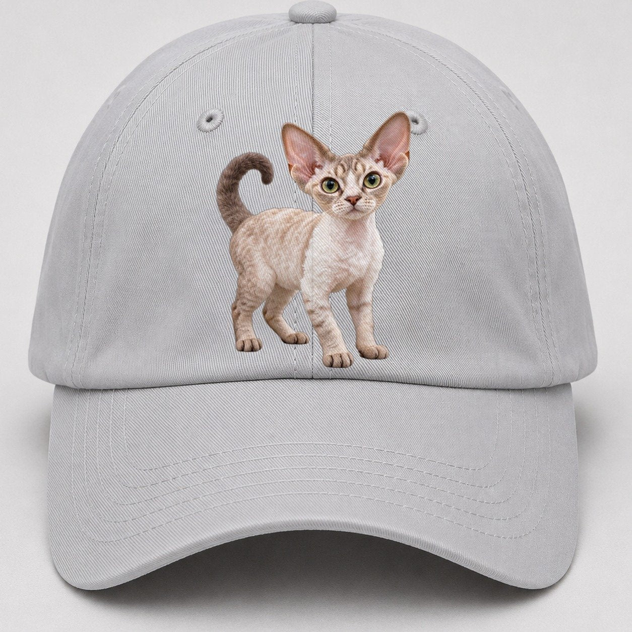Devon Rex Standing Three Quarter Realistic Cat Portrait Baseball Cap – Light Gray