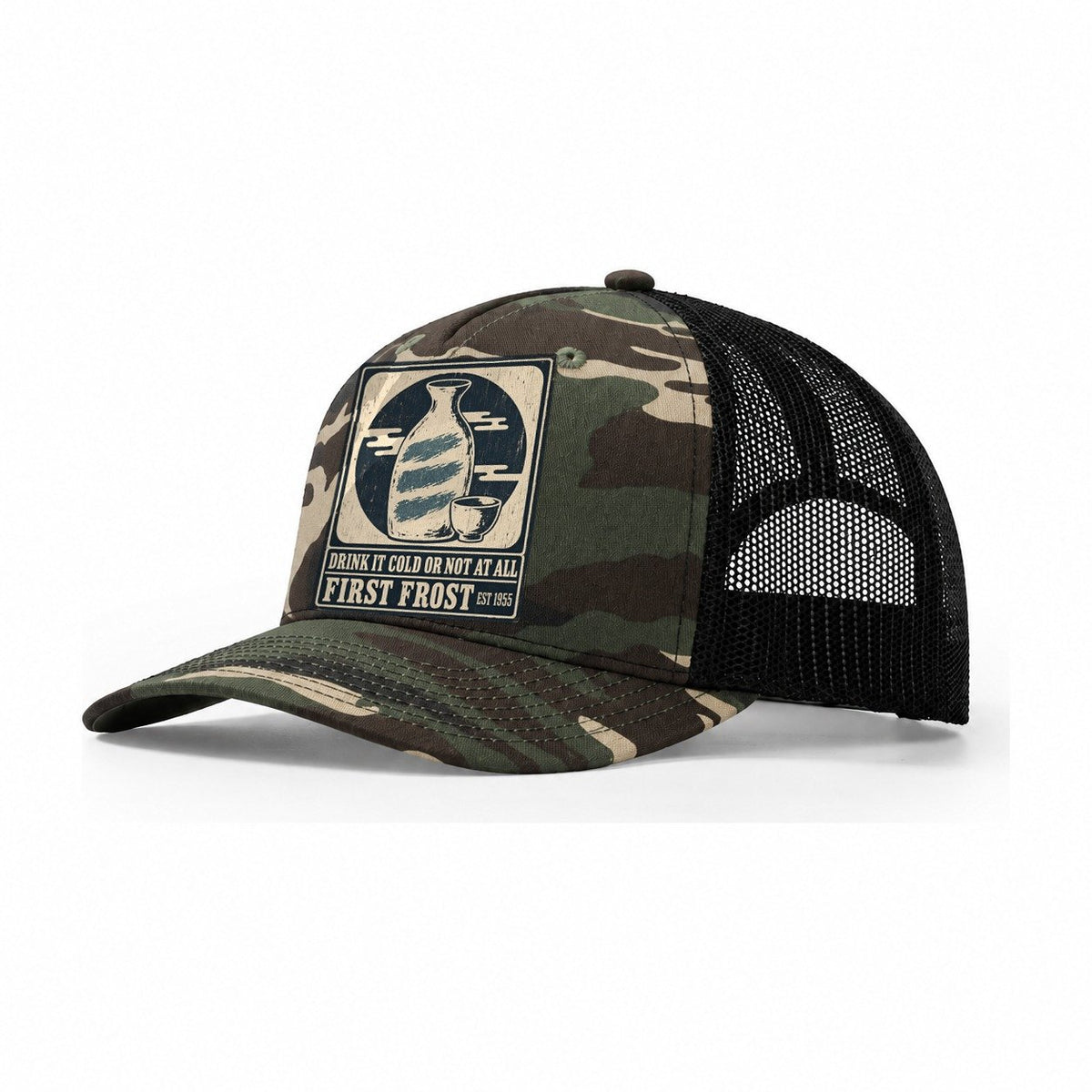 First Frost Izakaya Rules Trucker Hat – Woodland Camo Black