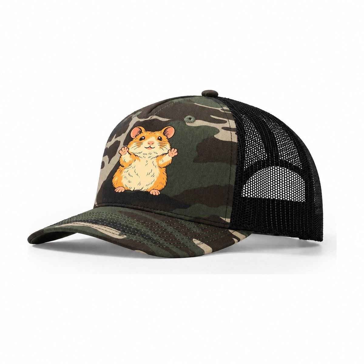 Hamster Paws Up Small Pet Logos Trucker Hat – Woodland Camo Black