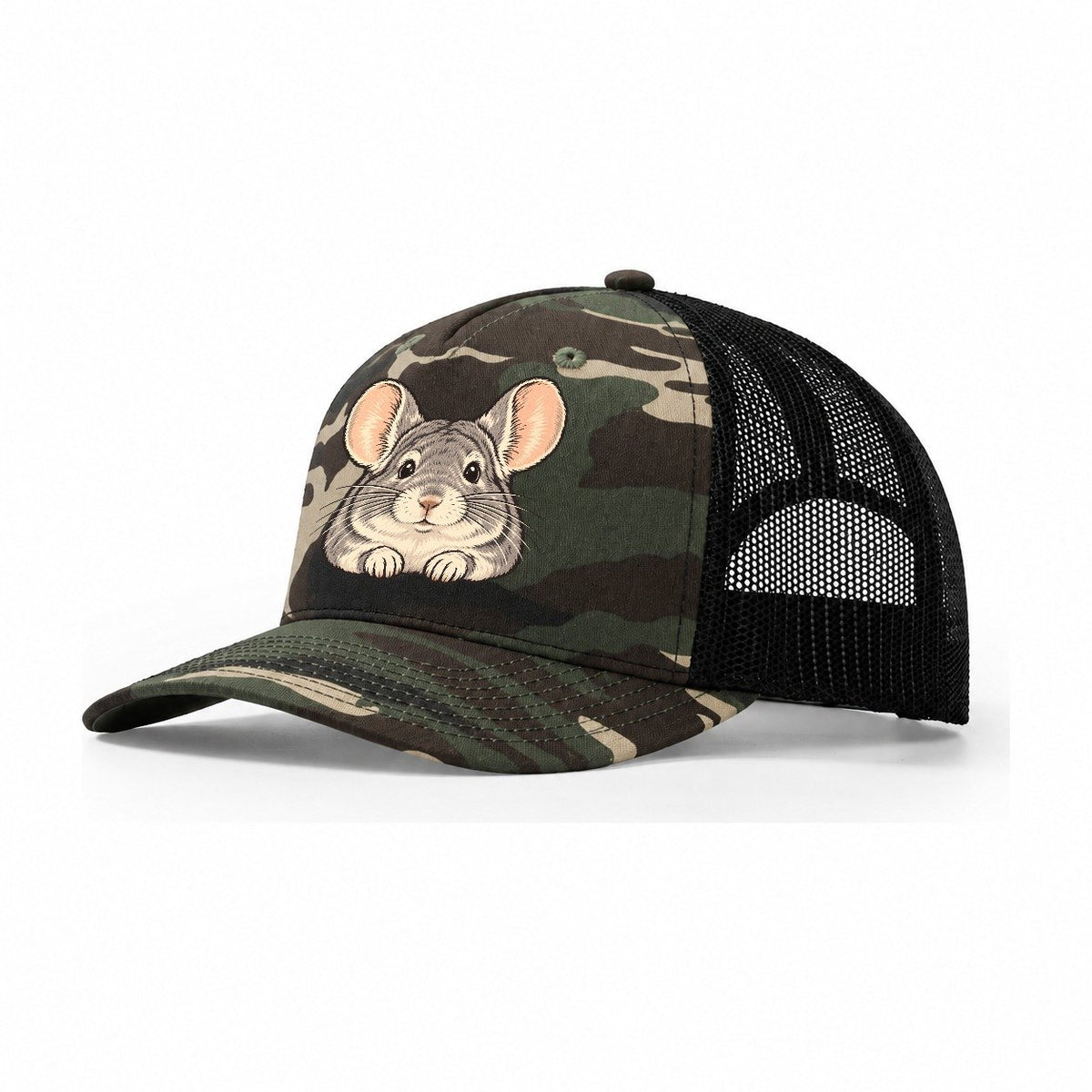 Chinchilla Big Ears Small Pet Logos Trucker Hat – Woodland Camo Black
