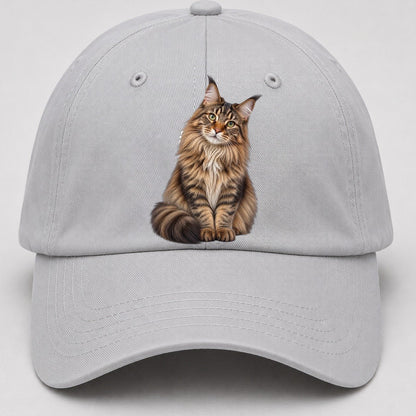 Maine Coon Seated Portrait Realistic Cat Portrait Baseball Cap – Light Gray