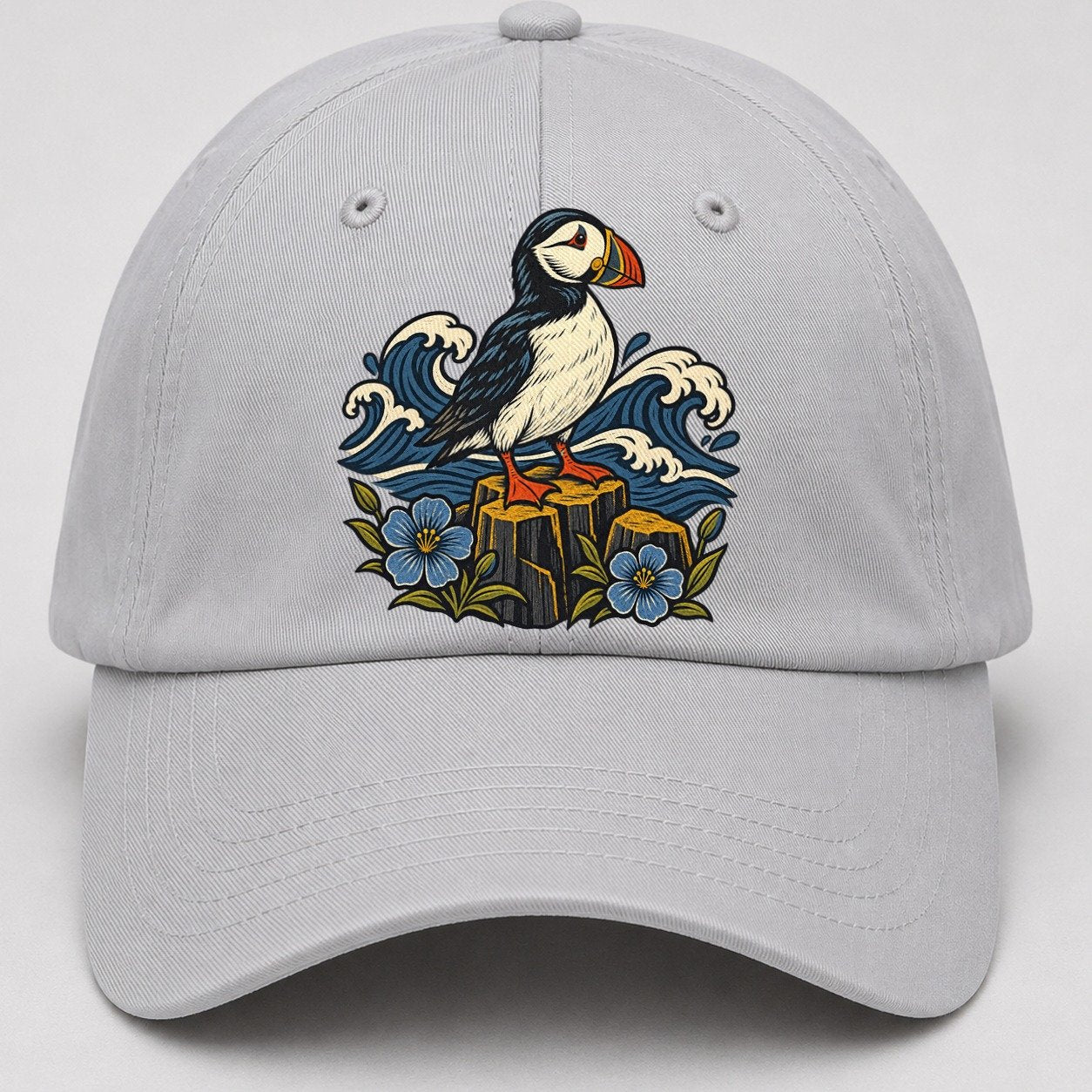 Causeway Coast Puffin And Flax Flowers Uk Culture Heritage Baseball Cap – Light Gray