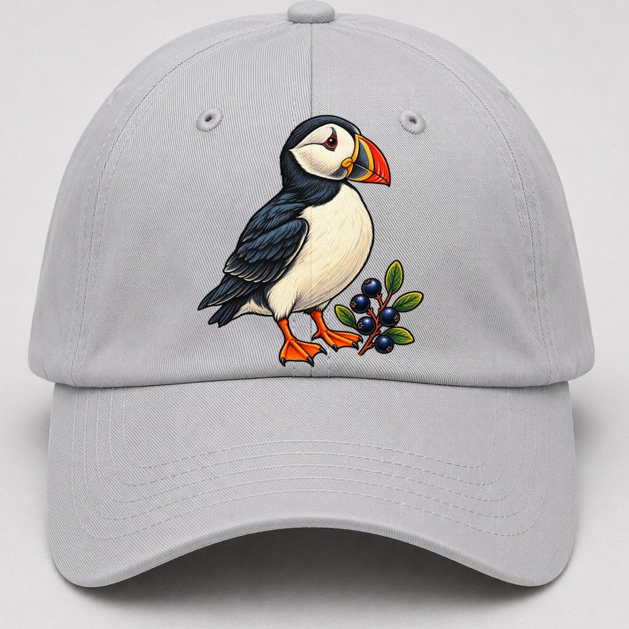 Atlantic Puffin And Crowberry Canada Cultural Icons Baseball Cap – Light Gray
