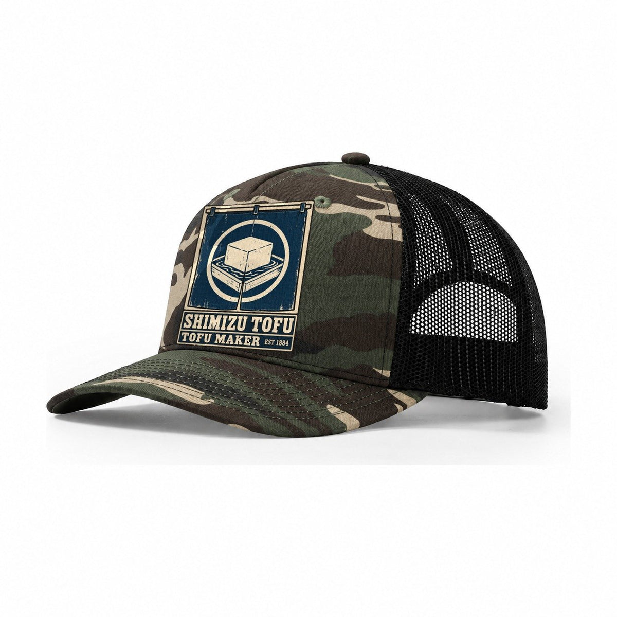Shimizu Tofu Works Noren Trade Co Trucker Hat – Woodland Camo Black