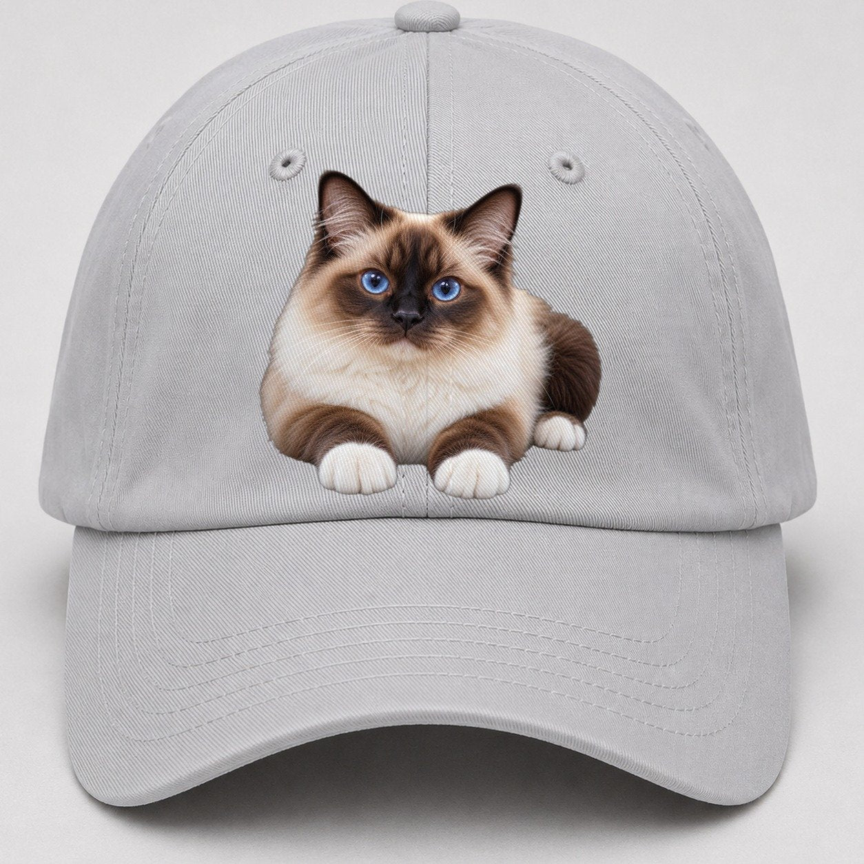 Birman Reclining Paws Forward Realistic Cat Portrait Baseball Cap – Light Gray