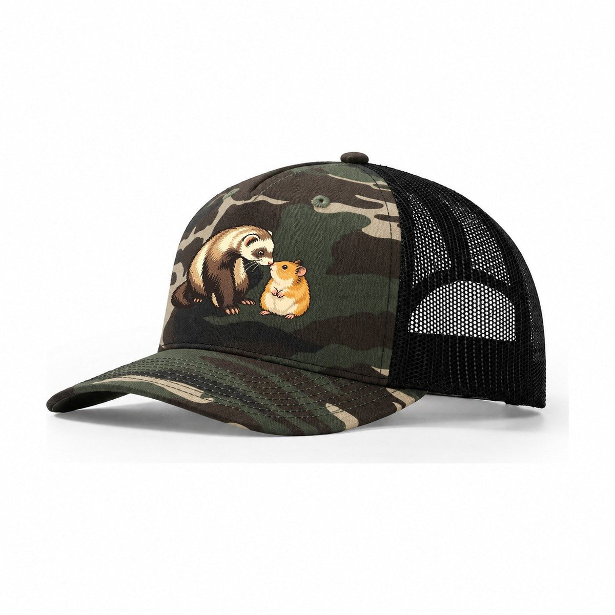 Ferret And Hamster Hello Small Pet Logos Trucker Hat – Woodland Camo Black