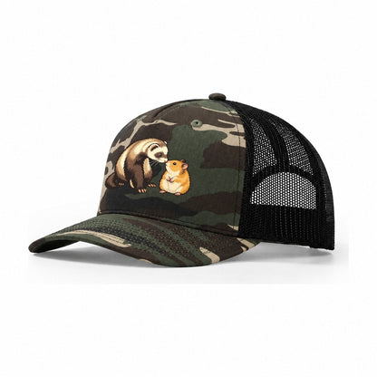 Ferret And Hamster Hello Small Pet Logos Trucker Hat – Woodland Camo Black
