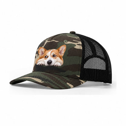 Corgi Resting Chin Character Club Trucker Hat – Woodland Camo Black
