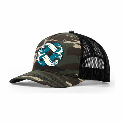 Tidebound Knot Quiet Wards Heritage Trucker Hat – Woodland Camo Black