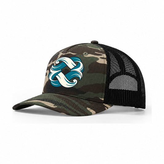 Tidebound Knot Quiet Wards Heritage Trucker Hat – Woodland Camo Black
