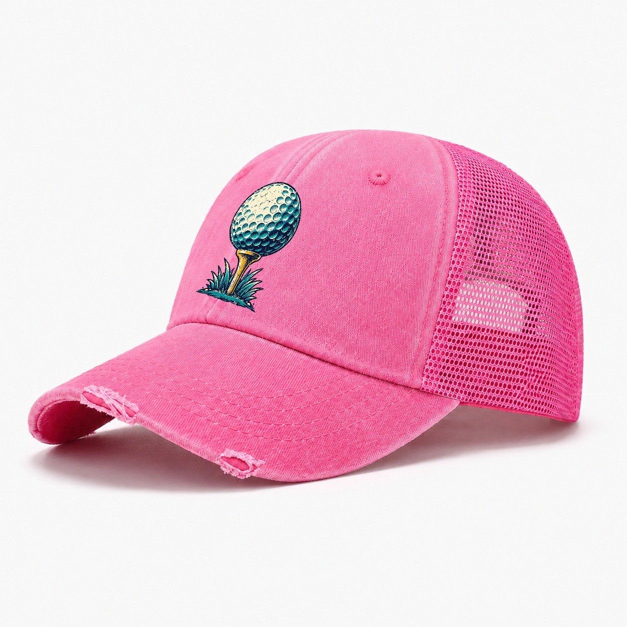 Tee And Ball Mark Golf Life Washed Trucker Hat – Rose