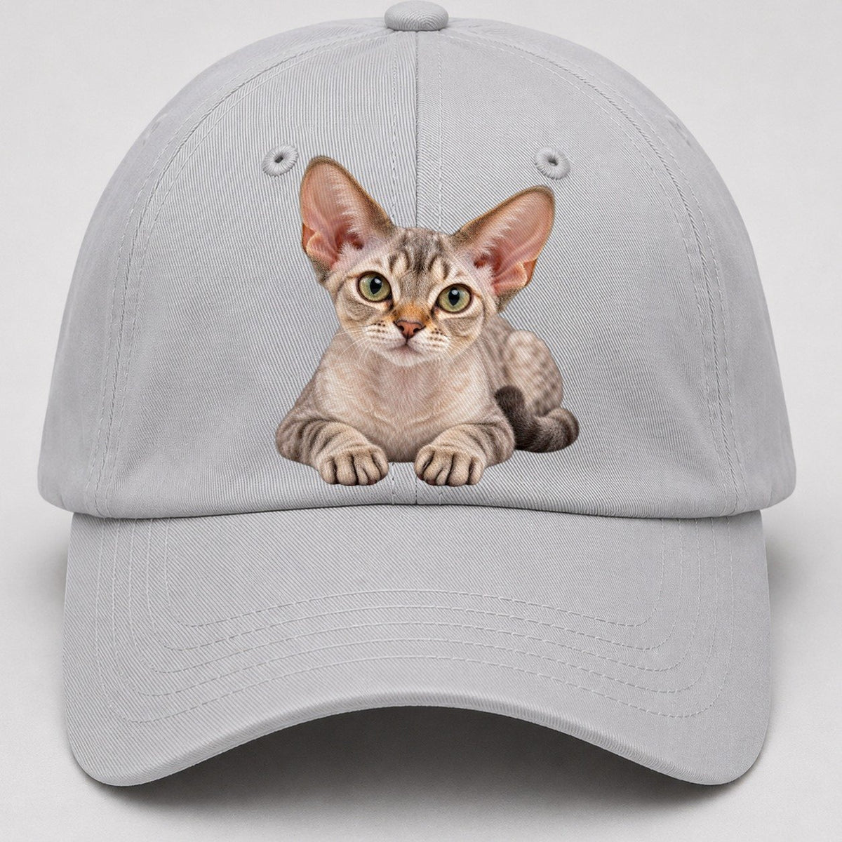 Devon Rex Reclining Paws Forward Realistic Cat Portrait Baseball Cap – Light Gray