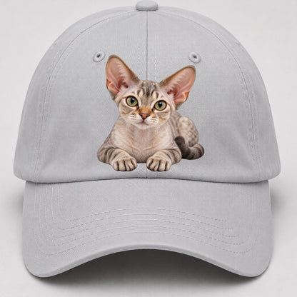 Devon Rex Reclining Paws Forward Realistic Cat Portrait Baseball Cap – Light Gray